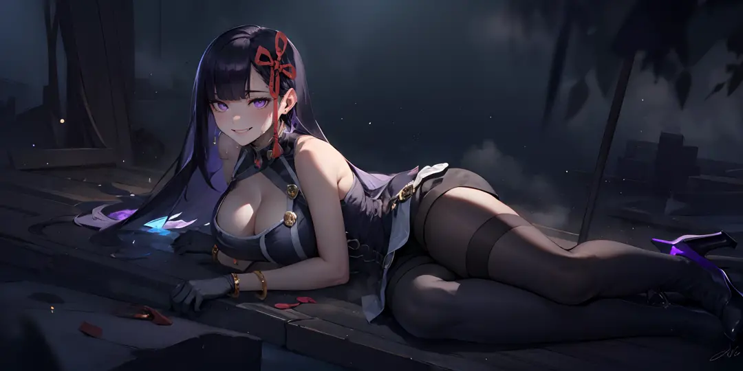 yamashiro768, (black hair, long hair, purple eyes:1.4), hair ornament, steaming, fog, 1girl, solo, breasts, gloves, jewelry, looking_at_viewer, thighhighs, earrings, thigh_boots, bare_shoulders, smile, blue_eyes, short_hair, ass, cleavage, medium_breasts, ...