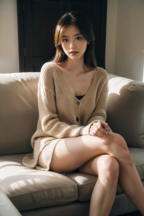 1girl,sitting on a cozy couch,crossing legs,soft light