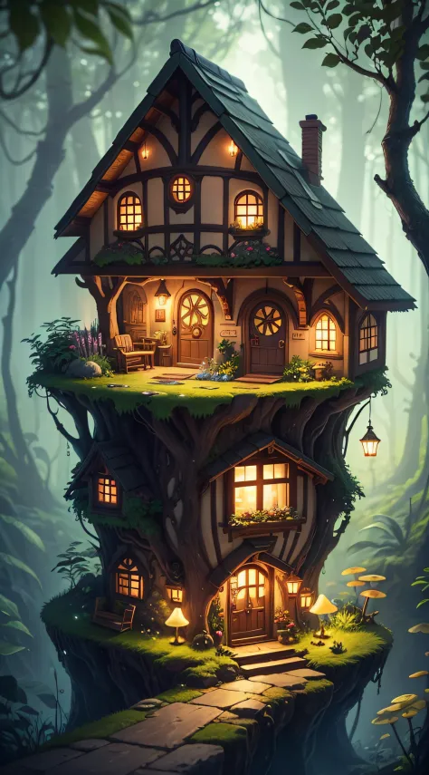 Generate an enchanting image of quaint, whimsical houses tucked away in a vibrant jungle, exuding both a magical aura and a cozy Hobbit-like charm. Enhance the image's quality by enriching colors, refining details, and sharpening textures. Add depth and di...
