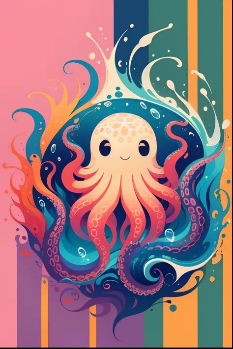 An emblematic logo of an octopus of vibrant colors, water elements, simple design, vector art, minimal
