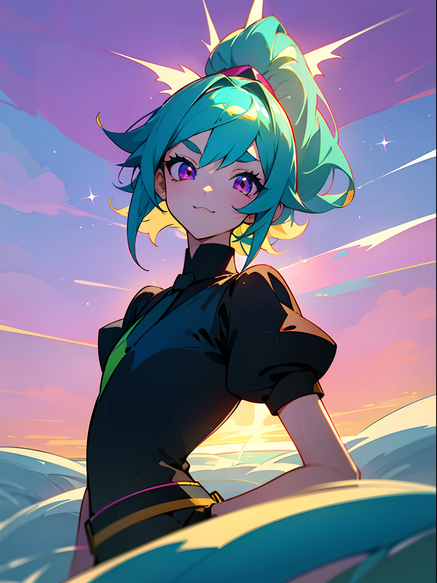 ((colourful, As detailed as possible, tmasterpiece)), A girl stands against the backdrop of a shining sky by the lake, 2 d anime style, flat anime style, in anime style, the anime, anime stylized, glass hair, Glowing Hair, portraite of a, Black Uniform, Strict costume, black necktie, white  shirt, puffy short sleeves, Shorts, Smile, puffy short sleeves, Puffy armbands, Shirt, short sleeve, sparkle, Lush eyelashes, The first girl with a high blue tail to her shoulders and a calm face, beatiful face, multi-colored hair, Hair gradient, hair color: Blue, Blue hair, Hair turns from blue to pink, blue high tail, (without bangs), curly curl on the cheek, Hairstyle: high ponytail, long tail, pink eyes, :3, Short eyebrows,, light background, natural light, vivid picture, Additional lighting, cloudy skies, Clouds, Multi-colored space, Beautiful sky, Clear lake, Bright sun, Sundown, anime land of the lustrous, still from anime