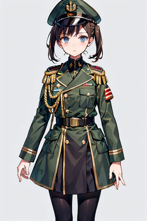 1girl, Young, military uniform, Art for a visual novel, in full height, Brown hair, transparent background