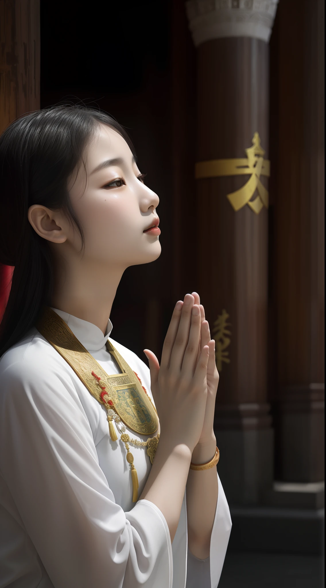 Arafed woman in a white shirt and gold bracelet praying - SeaArt AI