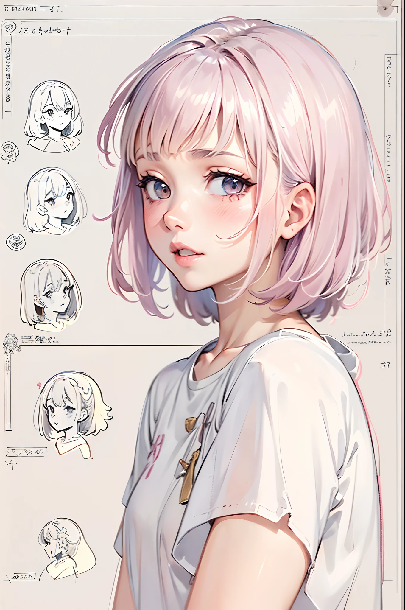 (character sheet:1.5),(Character design for animation:1.5), (sketchpad:1.5,)(((Girl's face))), close-up, reference sheet, Simple background, White background, girl, (side view), (white theme), pendulum, Baby pink color hair, bob hair, bangss.