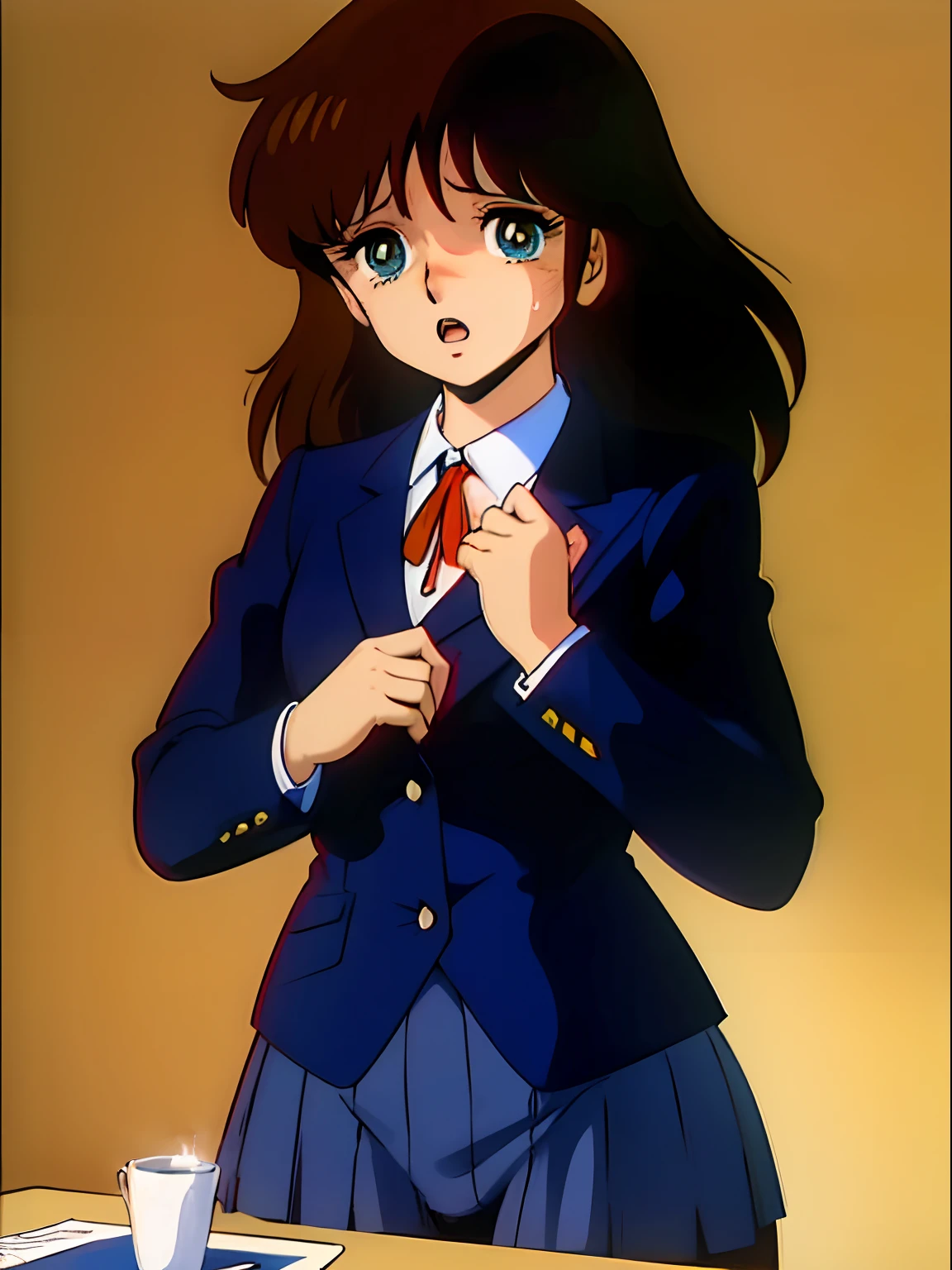 (cel anime, retro art style, clean brush stroke, highly detailed, perfect anatomy, NSFW), class room background, 1girl (solo:1.5), eyebrows visible through hair, bangs, dark brown hair, blue eyes, down turned eyes (sanpakugan:1.4), half open eyes (beautiful detailed eyes:1.2), looking at viewer, open mouth (stick out tongue:0.0), (orgasm:1.0), standing, dark blue blazer, open clothes, thin red bow, white rounded collar shirt, dark blue long skirt (lift by myself:1.5), pussy looking through, slippery dark gray pantyhose, slippery white , crotch rub, female masturbation (table sex:1.5), pussy juice,