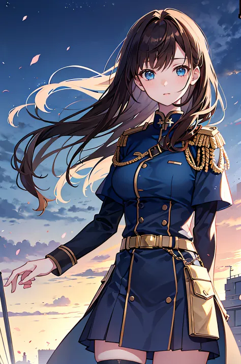 1girl, Young, military uniform, Art for a visual novel, in full height, brown hair, super detaill, Beautiful blue eyes, transparent background