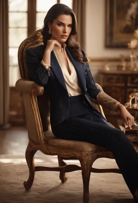 The character sits in a chair，Arm Raised, Dark hair (The neck-length hair was tied into a horse bun), pretty pose, Stunning beauty, Pretty face, royal elegant pose, merchant, (In a striped blazer), (Luxurious and classic living room in the surrounding envi...
