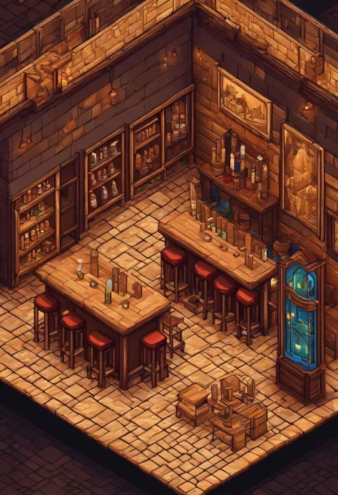 pixelart，medieval times，Inside the bar，tables and chairs，counter，Wine bottles