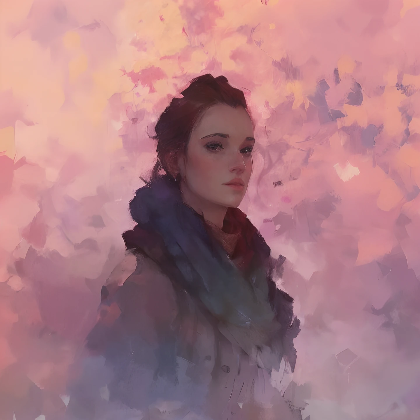 A closeup of a painting of a woman with a scarf, Aenami Alena, pintura de personagem bonita, Epic portrait illustration, retrato de personagem pintado, Arte no estilo de Guweiz, Pintura por Android Jones, retrato de alta qualidade, RossDraw Retrato, retrato da arte do personagem, Rossdraw 2. 0, pintura de personagens, Rossdraw 1. 0