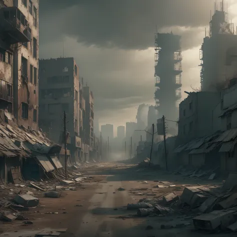 (Best quality,4K,8K,A high resolution,Masterpiece:1.2),Ultra-detailed,(wide wide shot), (((post apocalyptic city, Desolate atmosphere, Dystopian landscape)))，