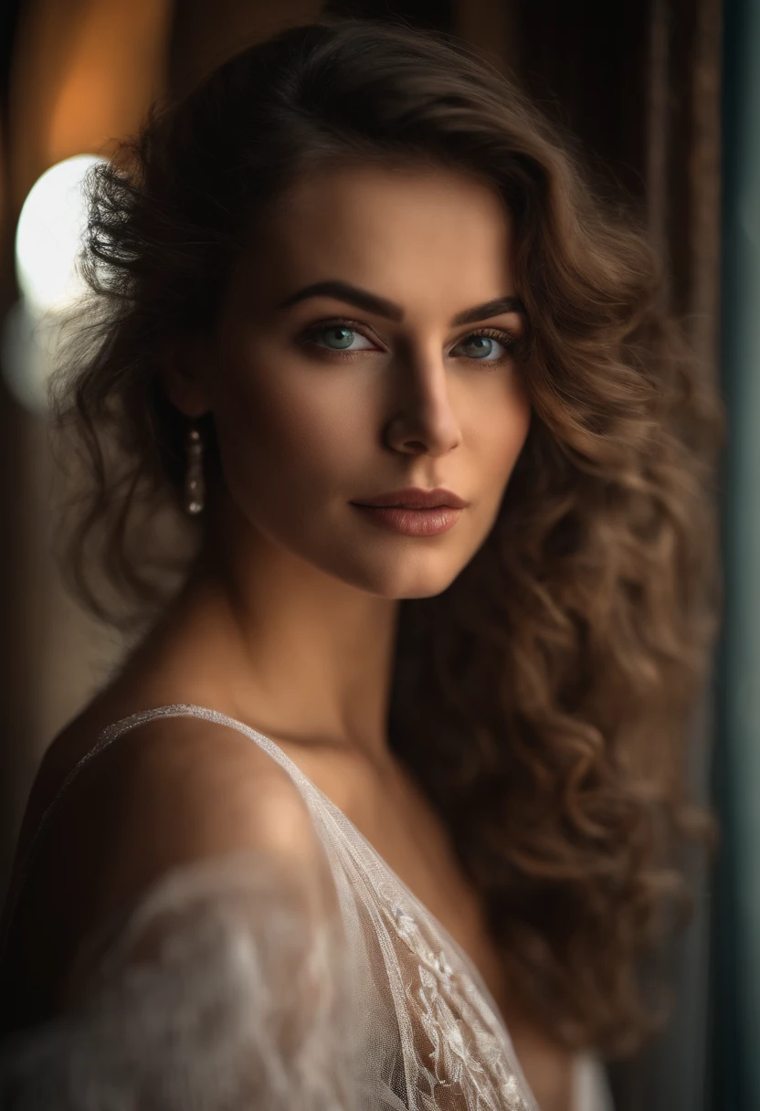 Full face portrait photo of a 25-year-old European girl, .RAW, gorgeous woman, half-open, full strawberry lips, dimple, Longing look, green eyes, Large pupils, Big eyelashes, (short, Wavy brown hair), ((detailed face)), ((detailed facial features)), (fine skin), pale skin, (elegant dress with detailed, deep neckline), cyberpunk megacity environment, (Cold colors), wet, humid, reflection, (​masterpiece) (proporções perfeitas) (Realistic photos) (highest  quality) (Detail) taken with Canon EOS R5, 50mm lens, f/2.8, HDR, (Mattire) (movie lights) (dramatic lighing) (keen focus) (complex), (facial closeup), (pigtail, stylish sexy)