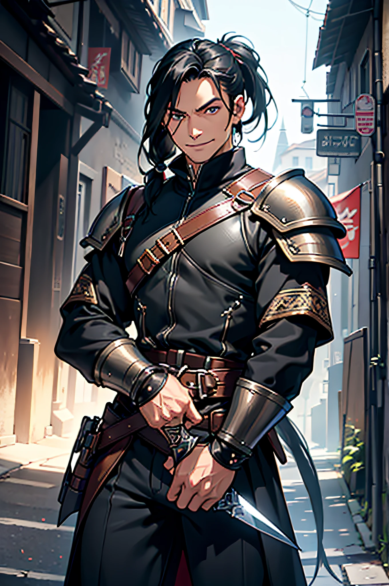 (masterpiece), best quality, ultra-high resolution, one man, elegant, expressive eyes, perfect face, half body, looking at viewer, dutch angle, cowboy shot, long black hair with long pony tail, leather armor, middle age clothing, assasin, dagger, light smile, detailed background, mittelalterliche Gasse, extreme Detailgenauigkeit, 4K