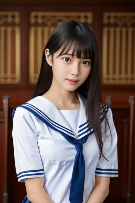 (((Draw only one woman: 2))), Beautiful 18-year-old Japanese woman, (High school girl in a short-sleeved sailor uniform: 1.5), (Japanese strict girls' school sailor uniform), ( Schoolgirl pretending to sit on a church pew: 1.2), (Beautiful and elaborate st...