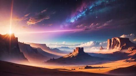 a vast landscape with colorful beams of light shooting through the sky