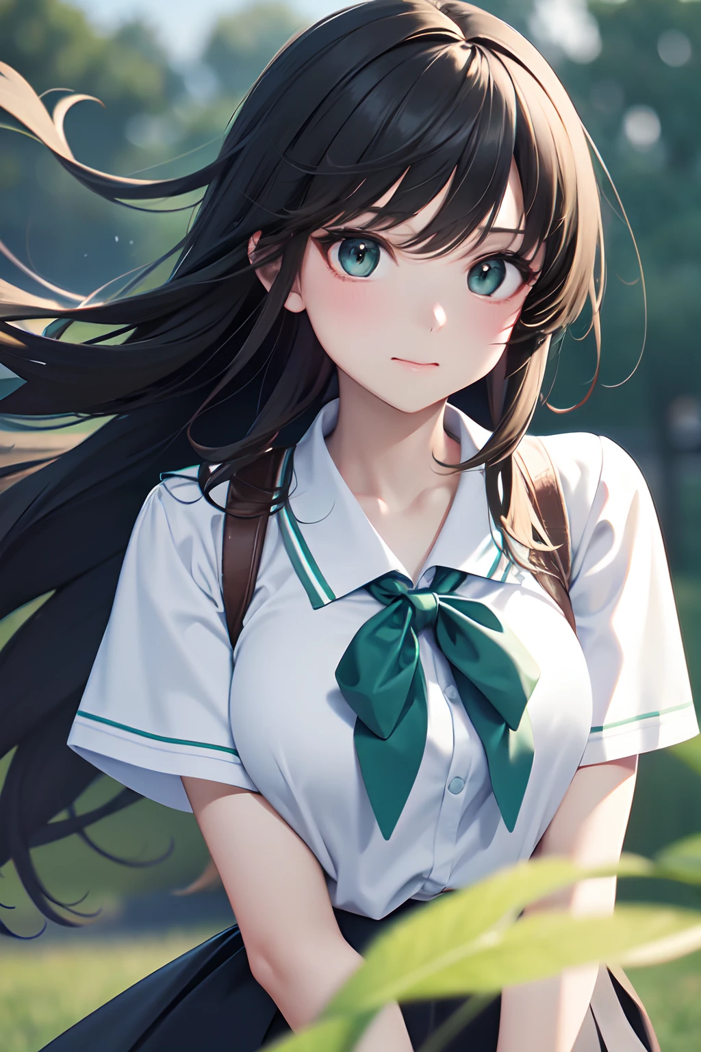 a junior high school student, female, beautiful and cute, solo character, (black single sidelock hair), bright eyes, gradient eyes, school unifrom, breeze blow, ((green background for delete)),(anime style), (cinematic lighting), (ray tracing), ((reflection light)), ((half-body-shot)), atmospheric perspective, masterpiece, accurate, ((best quality)), high quality, super detail, high details, anatomically correct, highRes, 1080p,