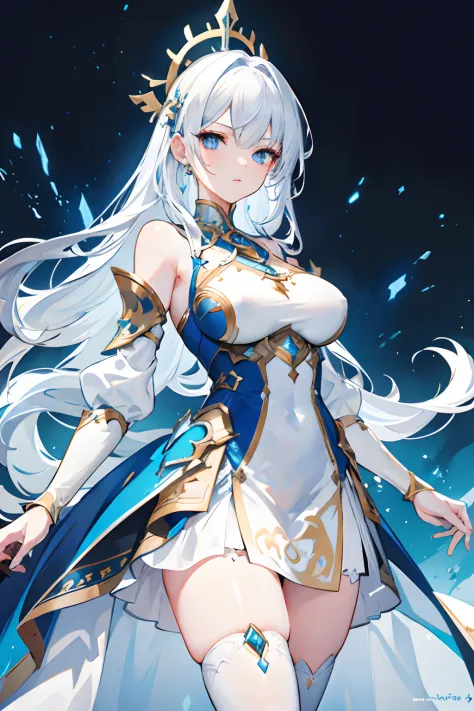 (masterpiece), (best quality), (ultra detailed face), beautiful face, perfect face, slim waist, stunning figure, one girl, long hair, (white hair with blue accent hair), ((long right bang)), ((asymmetrical hair)), blue eyes, white sleeves, white skirt, (((...