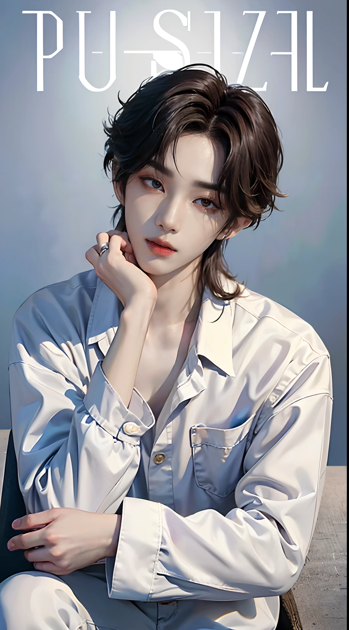 ((4K works))、​masterpiece、（top-quality)、((high-level image quality))、One Manly Boy、Slim body、((White Y-shirt and long black pants))、(Detailed beautiful eyeodel Magazines))、Face similar to Chaewon in Ruseraphim、((short hair above the ears))、((Smaller face))、((Neutral face))、((Light brown eyes))、((Korean boy))、((18year old))、((Handsome man))、((Wild look))、((Korean Makeup))、((elongated and sharp eyes))、((Photographed so that the whole body can be seen))、((Focus zoom out))、((Model Magazine Cover))、((model poseodel photo))、Professional Photoagazine covers))