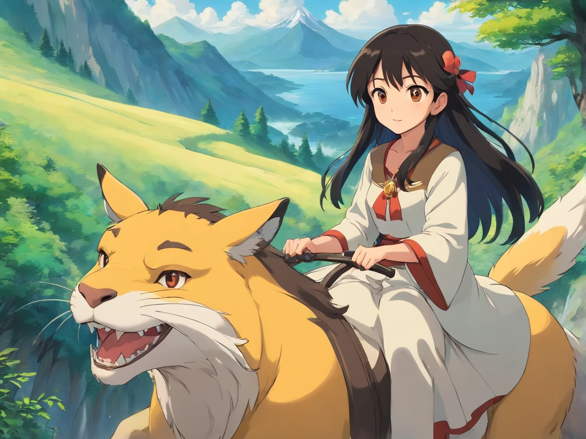 a girl riding a magic magestic beast, unbreakable bond between the girl and  the beast, mystical aura surrounding them, long black hair, brown eyes -  SeaArt AI