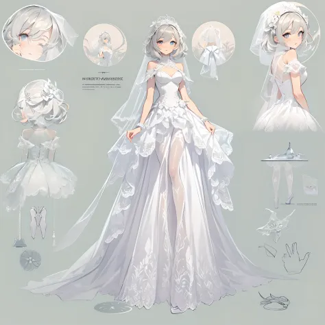 ((Masterpiece, Highest quality)), perfectly proportions，CharacterDesignSheet，full bodyesbian, Full of details, White background，Beautiful teenage girl，Gradient hair color，Detailed eyes, ssee-through，wedding gown，lacepantyhose，Clouds，High Balance, Overhead ...
