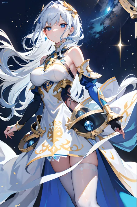 (masterpiece), (best quality), (ultra detailed face), beautiful face, perfect face, slim waist, stunning figure, one girl, long hair, (white hair with blue accent hair), ((long right bang)), ((asymmetrical hair)), blue eyes, white sleeves, white skirt, (((...