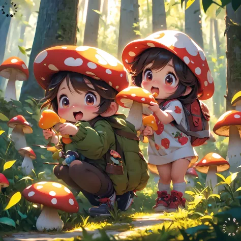 anime girl with mushroom hat and backpack walking through a forest, official art, cute detailed digital art, adorable digital pa...