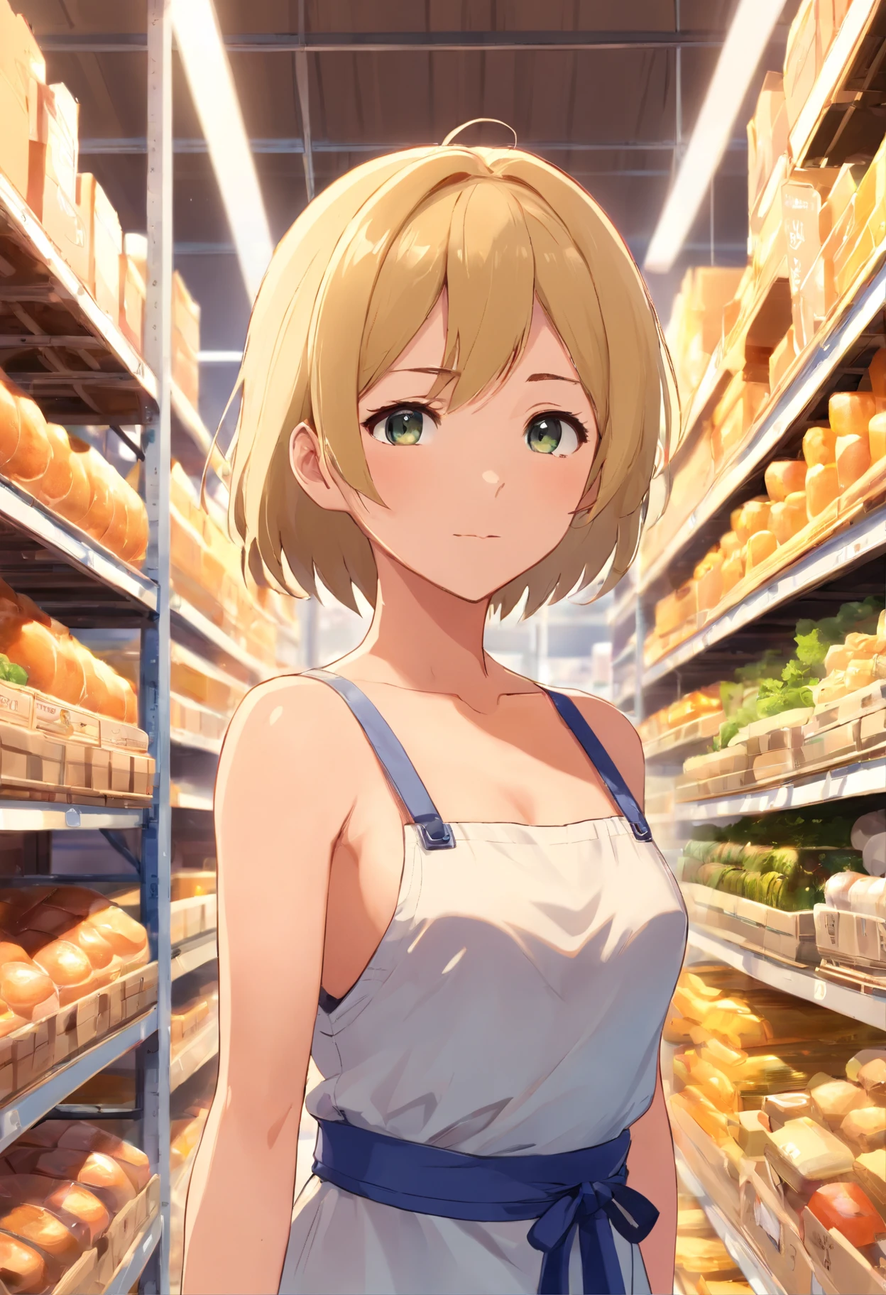 Anime girl in a grocery store with bread and other food - SeaArt AI