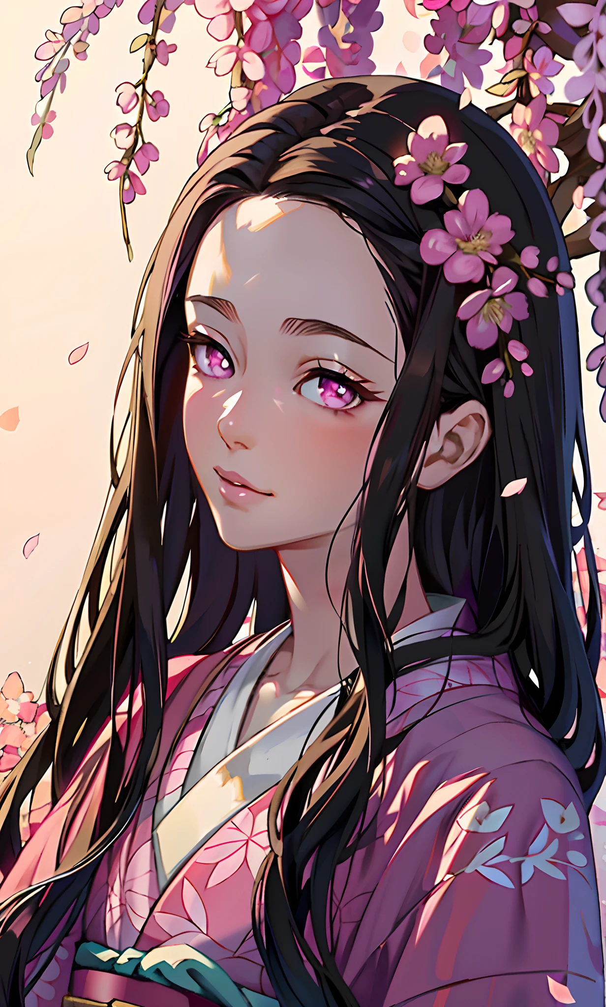 masterpiece, (pink kimono), beautiful face, good lighting, décolleté, small details, masterpiece, glowing eyes, 1girl, black hair, on face, Nezuko Kamado, wisteria background, masterpiece, best quality, POV