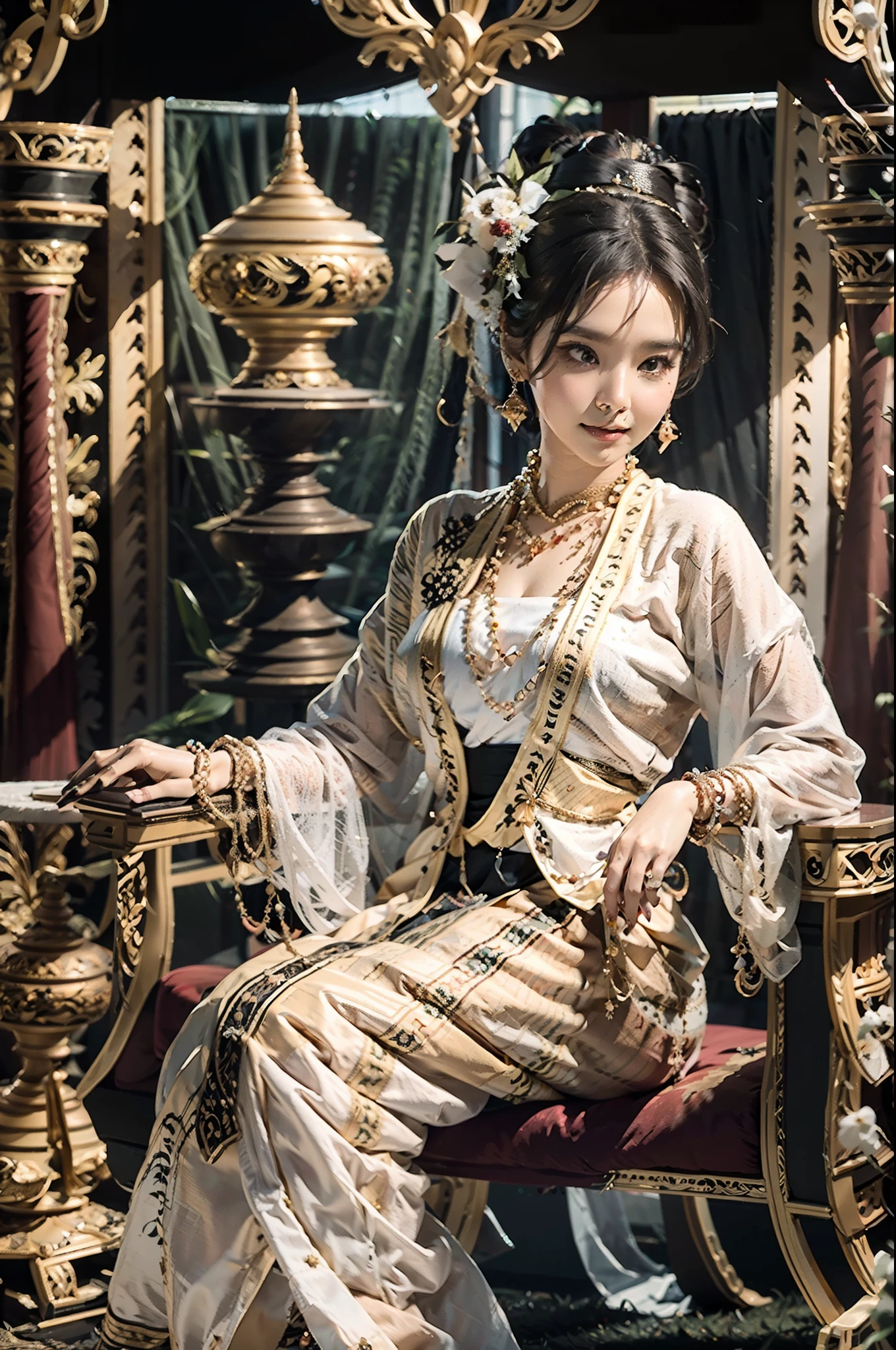 MMTDビルマ柄の伝統的なドレスは美しい女王を着る,真珠のネックレスとゴールドのブレスレットを身に着ける,全身ディテールビューティー, 黄金の宮殿の長い黄金の伝統的な玉座に王室の態度で座っている, ミャンマー伝統髪型,最高の作曲, 全景カバーショット, セニマティックライトニングと超リアルなディテール, オクタンレンダリング, アンリアルエンジン, シャープなフォーカス,32K ,UHD解像度