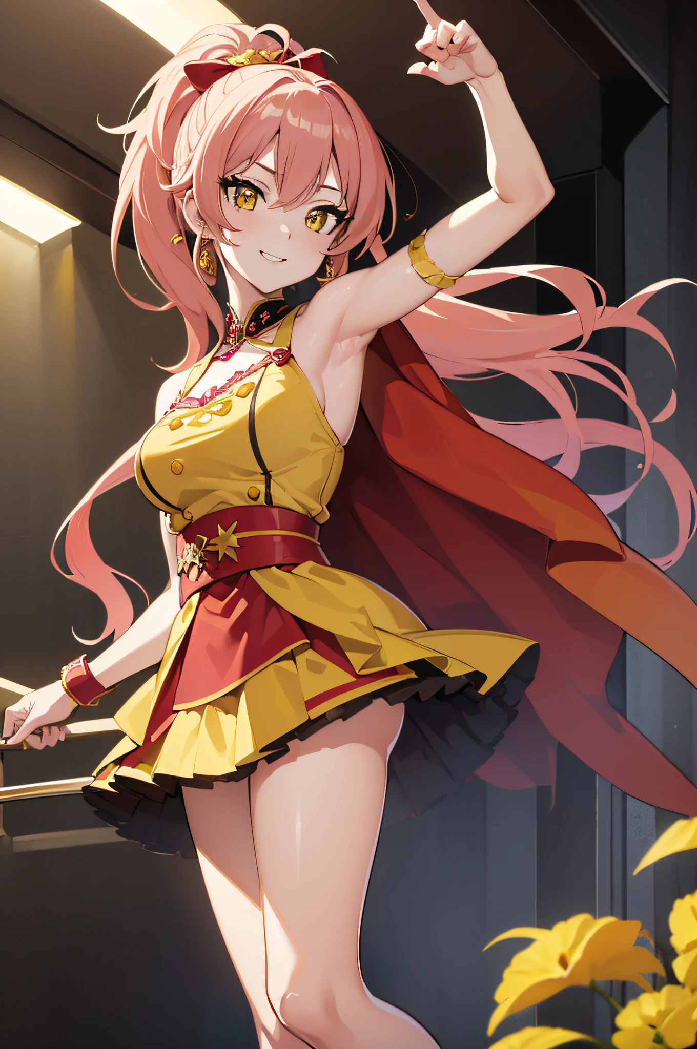 (masterpiece, best quality:1.2),1girl,mature female,pale skin,huge breasts:1.49,mikajougasaki, mika jougasaki, hair bow, long hair, pink hair, (yellow eyes:1.5), ponytail,(red dress with a red cape:1.2), eye details,teasing smile, clean detailed anime art,high resolution, (perfect hands, perfect anatomy),