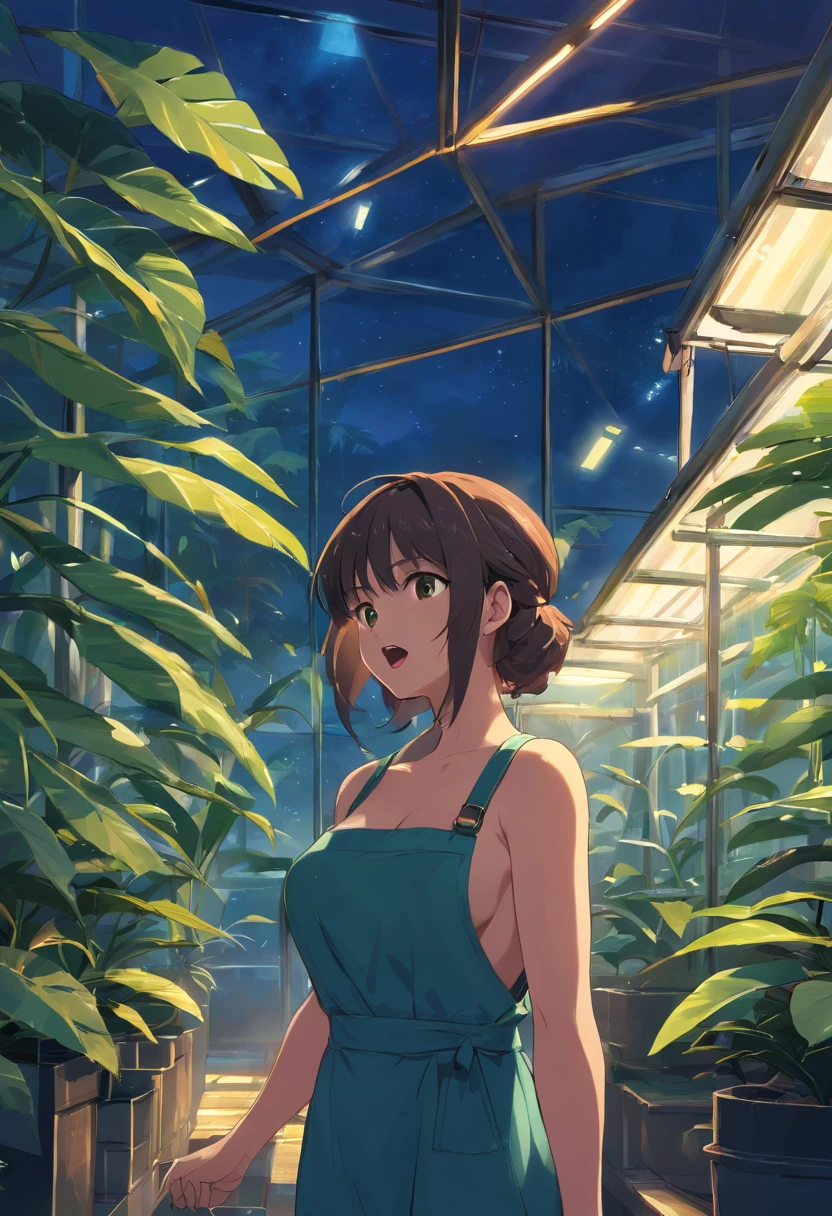 tmasterpiece，HighestQuali，((Dark feeling))，((The feeling of screaming))，((cygames))，Solo，A woman who is，((The upper part of the body，Bigboobs，Neat bangs))，Wear aprons and dresses，(((Petting a large snake)))，(In the greenhouse at night，Tropical rainforest plants)