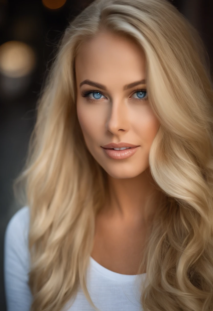 A woman with long blonde hair and blue eyes posing for a picture - SeaArt AI