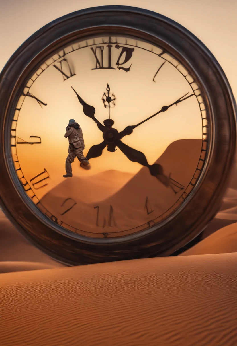 Um ser humano feito de relógios de bolso、Caminhando no deserto durante o dia、Esperando o melhor amanhã