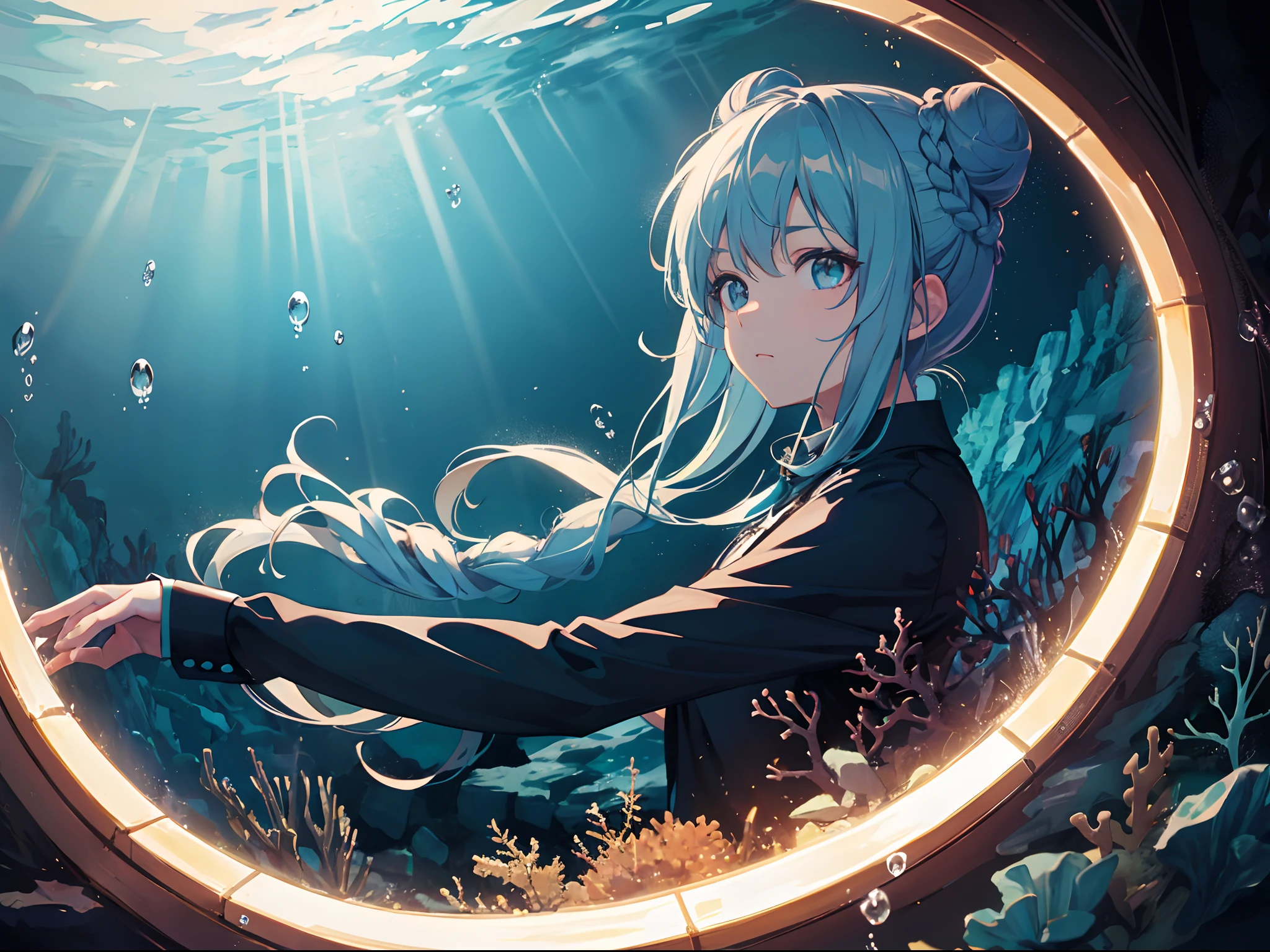 (((Hatsune Miku,Particles of Light,))),((((((BREAK,Design an image with a fisheye lens effect, capturing a wide field of view with a distinctive, curved perspective.BREAK,)))))((1girl:1.1,solo,))(masterpiece,best quality, official art, beautiful and aesthetic:1.3),((ultra high res,golden ratio,)) (16k),((from  above )),((((underwater, In the enigmatic depths of the ocean,))))dynamic lighting,(((styles of wonderland background,)))(((cowboyshot:0.6))))(sunset,fantasy,)(((psychedelic))),((,ultra super reality,))((dreamy)),radiosity, physically-based rendering,automatic white balance),sense of futurism,Amazing,sharp focus,natural background, (((high detailed skin,)))dynamic lighting,intricate detailed outfit,glowing eyes,watery eyes,((((braid bun,short hair with long locks,pointy hair))))thin,skiny,slender,((concentrated flashlight)),(masterpiece sidelighting),(bishoujo,lustrous),(sky blue hair,pink eyes,）[[delicate fingers and hands:0.55]::0.85],(detail fingers),(((Ultra Photographic Quality,)))),((incredibly absurdres,)),(realilty:0.5),((hands down))((standing)),((extremely_detailed_eyes_and_face)),(disheveled hair),FilmGirl,(dynamic configuration: 1.2),Brilliant,drifting Nebula,ethereal, glossy ,striking contrast,high saturation,The images are very realistic and、Very detailed and、Must be a high resolution 16k。Sony F and 24-105mm f / Use a Sony Alpha 4 mirrorless camera with 1G OSS lenses。