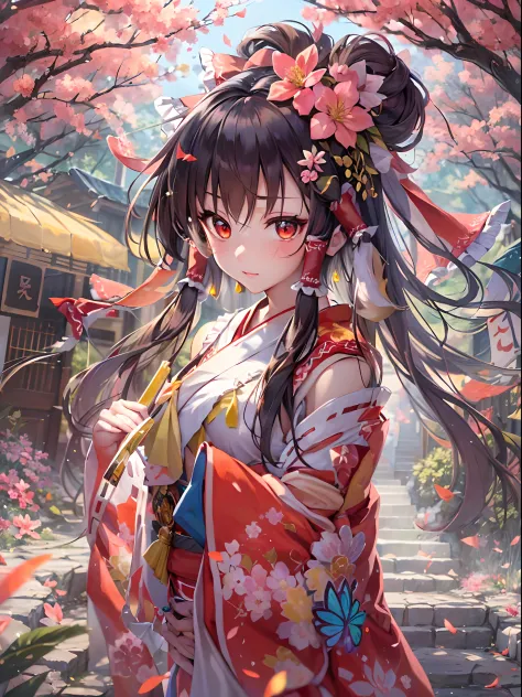 (((hakurei reimu,)))shukezouma, octane render, hdr, (hyperdetailed:1.15), (soft light, sharp:1.2), 1girl, beautiful girl, ultra detailed eyes, mature, plump, thick, rainbow painting drops,splat, splash, long colored hair, ultra detailed texture kimono, (ha...