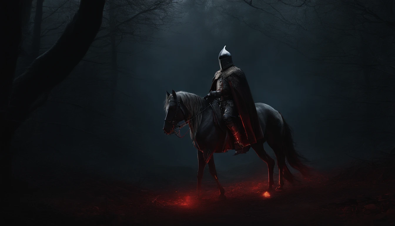 A man in a knight costume riding a horse in a dark forest - SeaArt AI