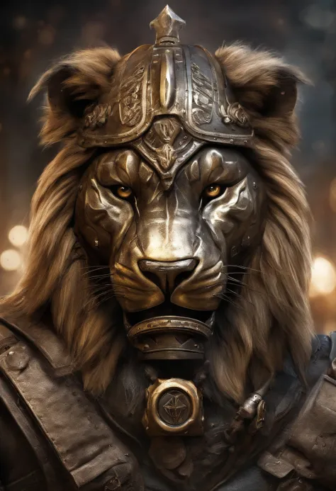 maximum quality, dramatic lighting, menacing pose, fierce expression, epic atmosphere, (((Lion's head shaped helmet))), (((tiro de corpo inteiro))),a lion made of metal, ciborgue, estilo cyberpunk, mechnical, ((detalhes intrincados)), HDR, ((detalhes intri...
