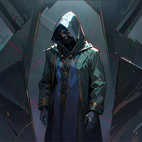 solo, male, Generate an image of a mysterious male character wearing a long, hooded coat. The coat should be dark and billowing,...