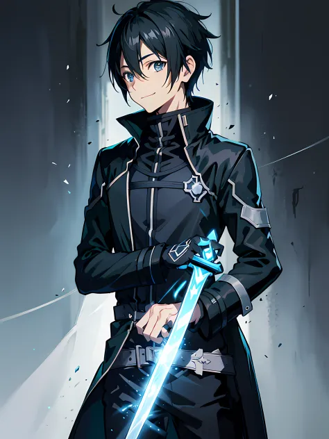 kirito, anime style cool guy, sword art online, black slim armor, black trench coat, 1boy, looking at viewer, standing, thinking...