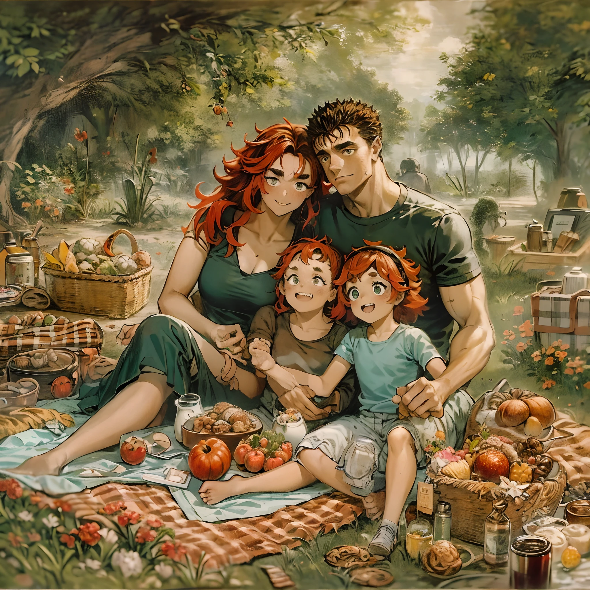 suletta, guts, couple, husband and wife, suletta motherly, wife, mother and son, children , family, happy, red hair suletta, black hair guts, picnic garden