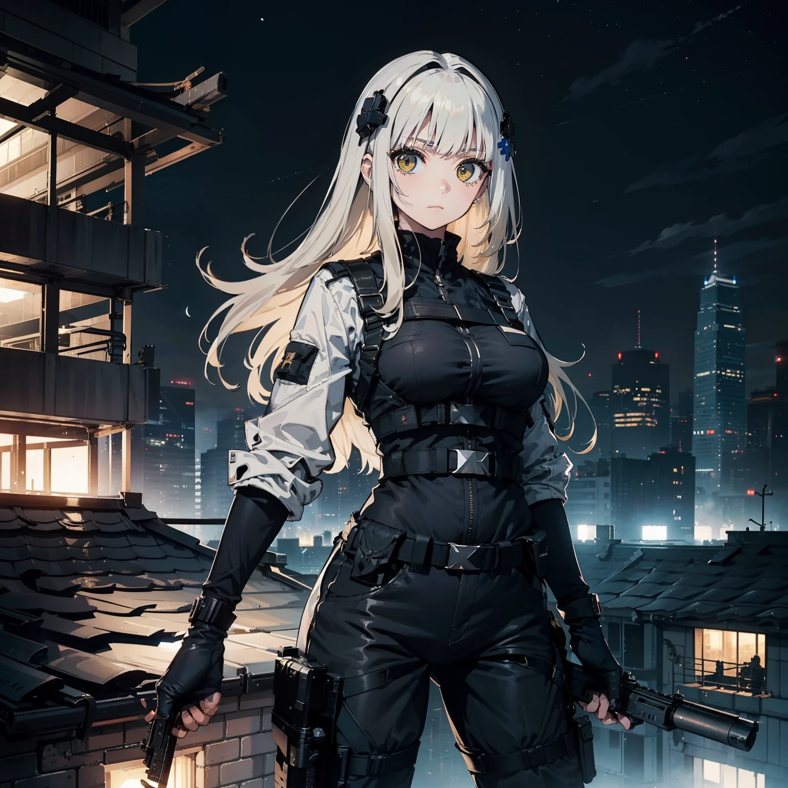 (Trained female soldiers)、((Holding weapons、holding rifle、aim、aim、fire:1.4、guns、h&K HK416))、1 Women、thick body、(Black combat uniform)、(platinum-blonde-hair:1.2)、((超A high resolution))、Detail Write、​masterpiece、top-quality、extremely details CG、8K picture quality、Cinematographic lighting、lensflare、(Skyscraper rooftop at night:1.4)、Hyper-detailing、((Enlarge Cowboy Shots:1.4))、Detailed firearm depiction、Rifle with perfect detail、Perfect barrel that does not distort、Fighter in the sky、Military drones