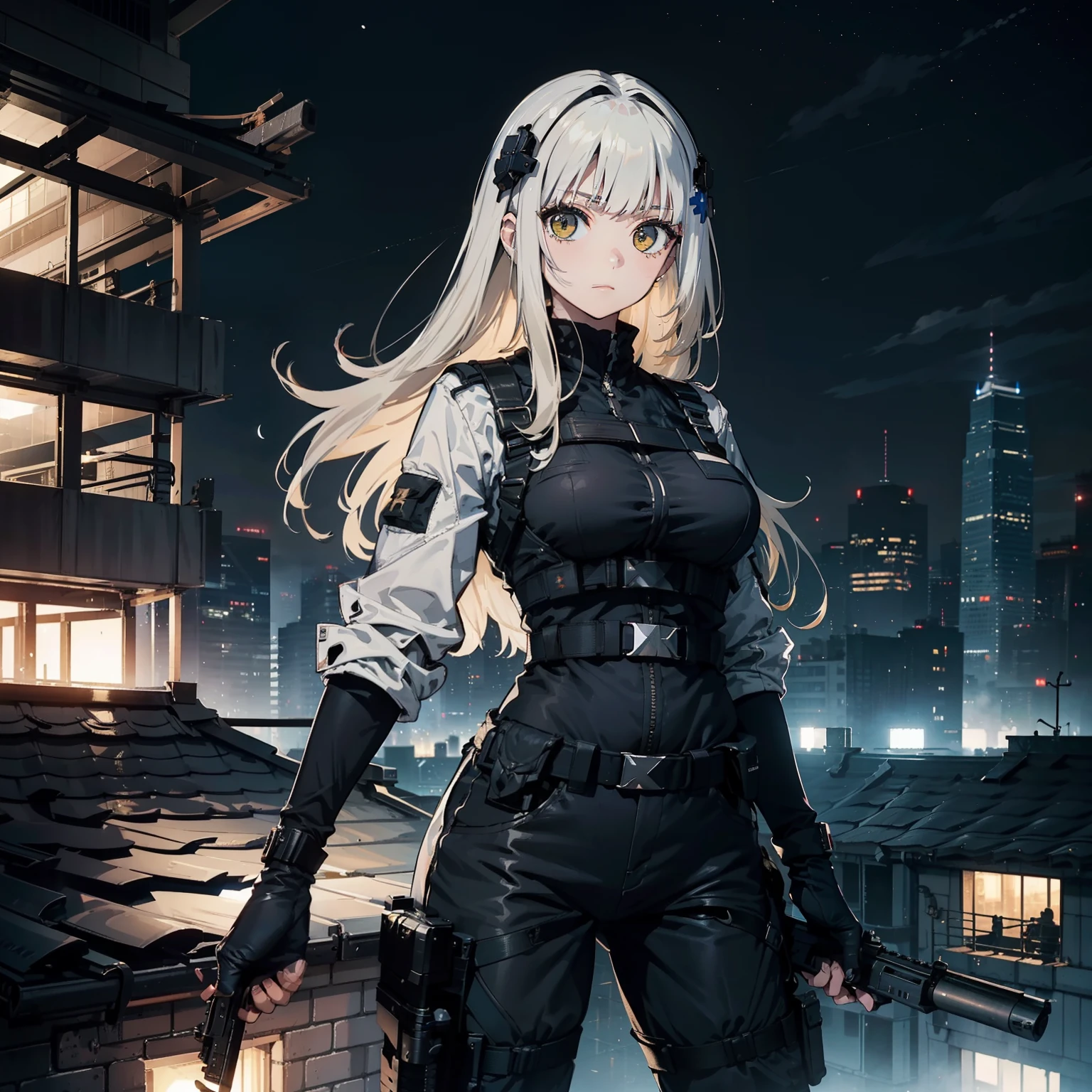 (Femmes soldats formées)、((tenir des armes、Holding rifle、but、but、feu:1.4、armes à feu、H&KHK416))、1 femmes、tHick body、(Uniforme de combat noir)、(platinum-blonde-Hair:1.2)、((超A HigH resolution))、Écriture détaillée、chef d&#39;oeuvre、qualité supérieure、extrêmement détails CG、Qualité d&#39;image 8K、CinematograpHic ligHting、reflet、(Skyscraper rooftop at nigHt:1.4)、hyper-détaillant、((Enlarge Cowboy SHots:1.4))、Detailed feuarm depiction、Rifle witH perfect detail、Perfect barrel tHat does not distort、FigHter in tHe sky、Drones militaires