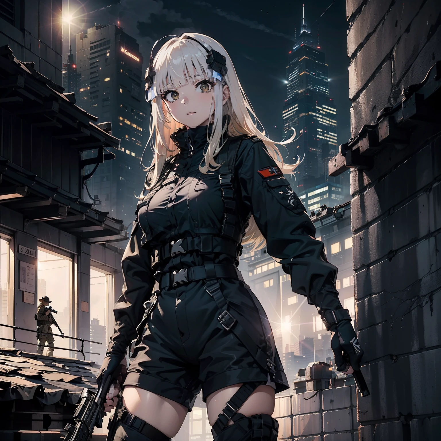 (Trained female soldiers)、((Holding weapons、holding rifle、aim、aim、fire:1.4、guns、h&K HK416))、1 Women、thick body、(Black combat uniform)、(platinum-blonde-hair:1.2)、((超A high resolution))、Detail Write、​masterpiece、top-quality、extremely details CG、8K picture quality、Cinematographic lighting、lensflare、(Skyscraper rooftop at night:1.4)、Hyper-detailing、((Enlarge Cowboy Shots:1.4))、Detailed firearm depiction、Rifle with perfect detail、Perfect barrel that does not distort、Fighter in the sky、Military drones