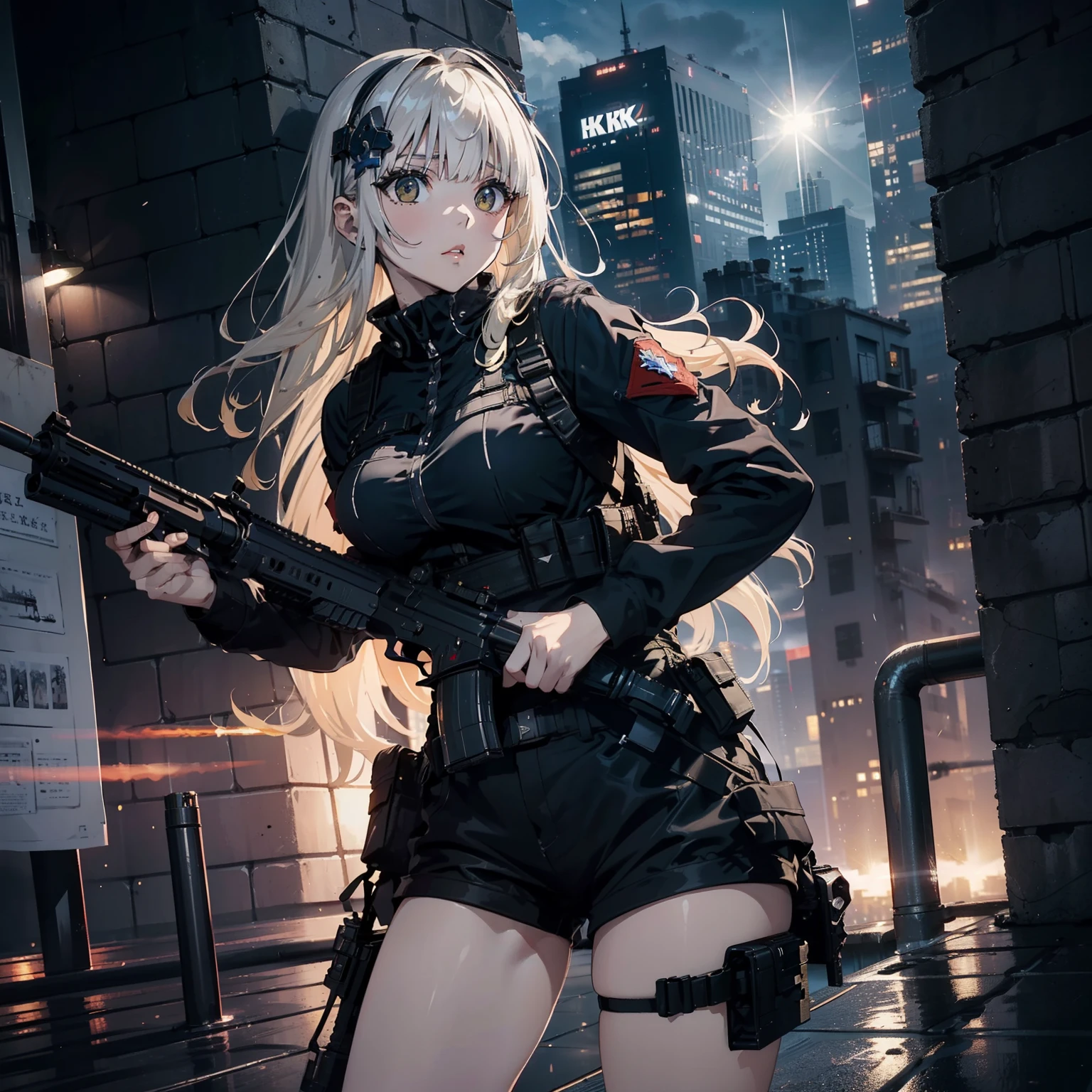 (Trained female soldiers)、((Holding weapons、holding rifle、aim、aim、fire:1.4、guns、h&K HK416))、1 Women、thick body、(Black combat uniform)、(platinum-blonde-hair:1.2)、((超A high resolution))、Detail Write、​masterpiece、top-quality、extremely details CG、8K picture quality、Cinematographic lighting、lensflare、(Skyscraper rooftop at night:1.4)、Hyper-detailing、((Enlarge Cowboy Shots:1.4))、Detailed firearm depiction、Rifle with perfect detail、Perfect barrel that does not distort、Fighter in the sky、Military drones