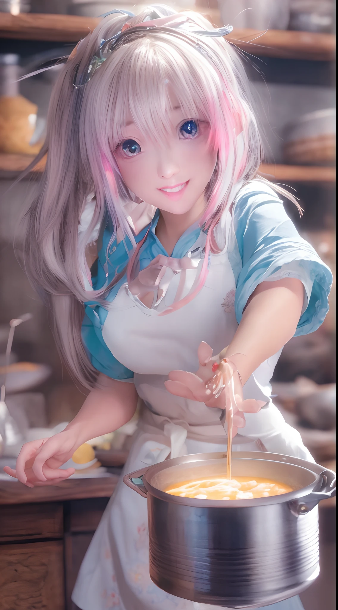 (Best quality, Ultra-detailed, photo-realistic:1.37), Silver-haired woman, Fantastic blue eyes, Happy woman beating eggs with chopsticks, Soft lighting, pink apron, illustration, bangs, Flowing hair, Gentle breeze, Shiny hair, Thick egg whites, Close-up of black stockings, mitts, chef's hat.blonde hair, gradient hair, pink hair, folded ponytail, Blue halo, glowing eyes, wide eyes, drunk, anime style, drop shadow, backlighting, macro photo, close-up, first-person view, head out of frame, UHD, high details, best quality
