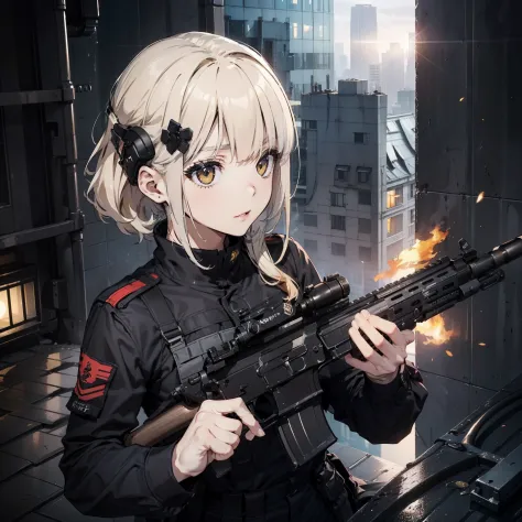 (Trained female soldiers)、((holding weapons、holding rifle、Aim:1.2、fire:1.4、guns、h&k hk416))、1 Women、thick body、(Black combat uni...