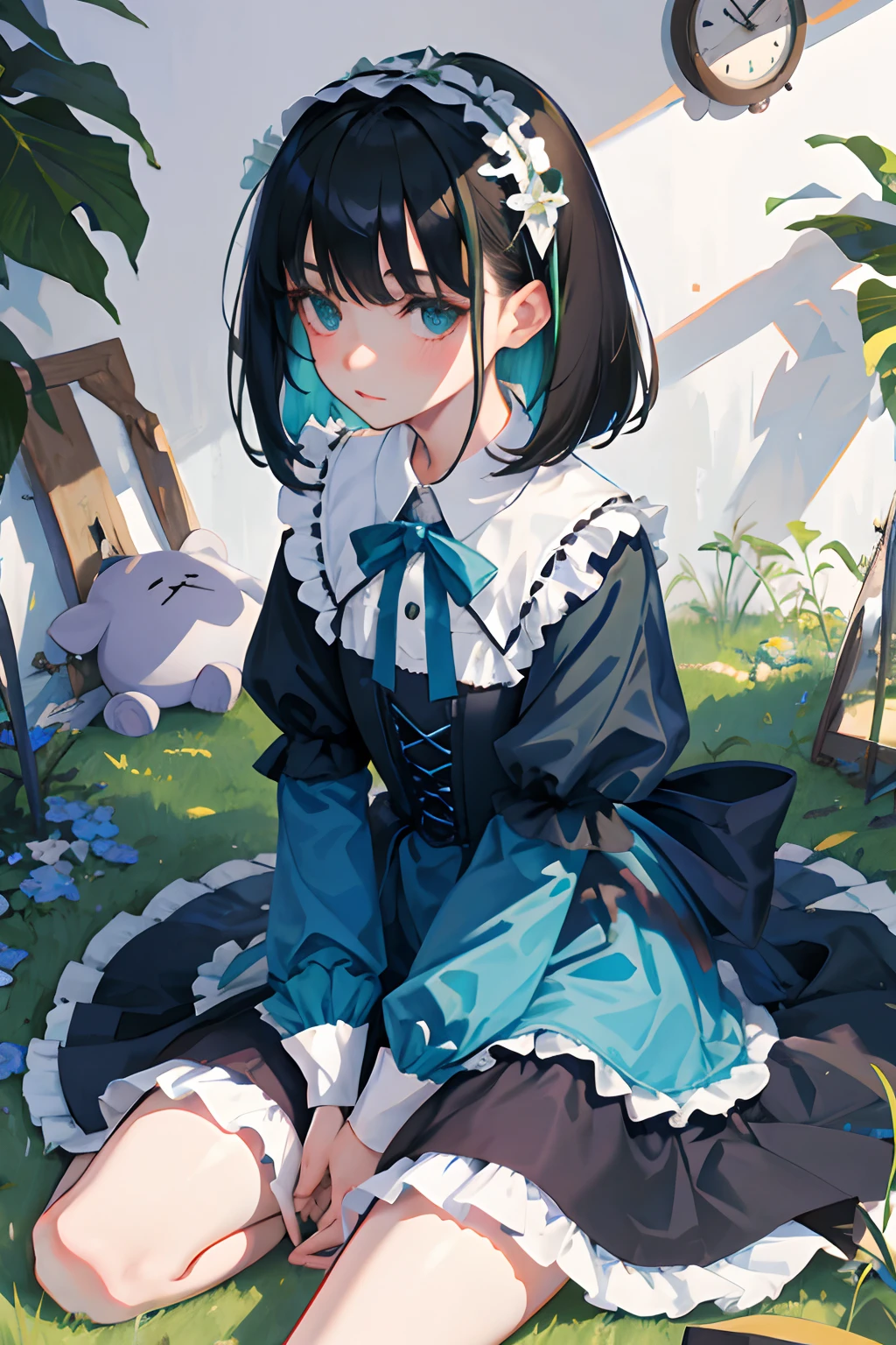 hand between legs，child，（​masterpiece，Highest Quality），shortsleeves，Blue-green Gothic Lolita，Sleepy face，A dark-haired，Medium bob，flipped hair，utility knife，Small scissors，pasture