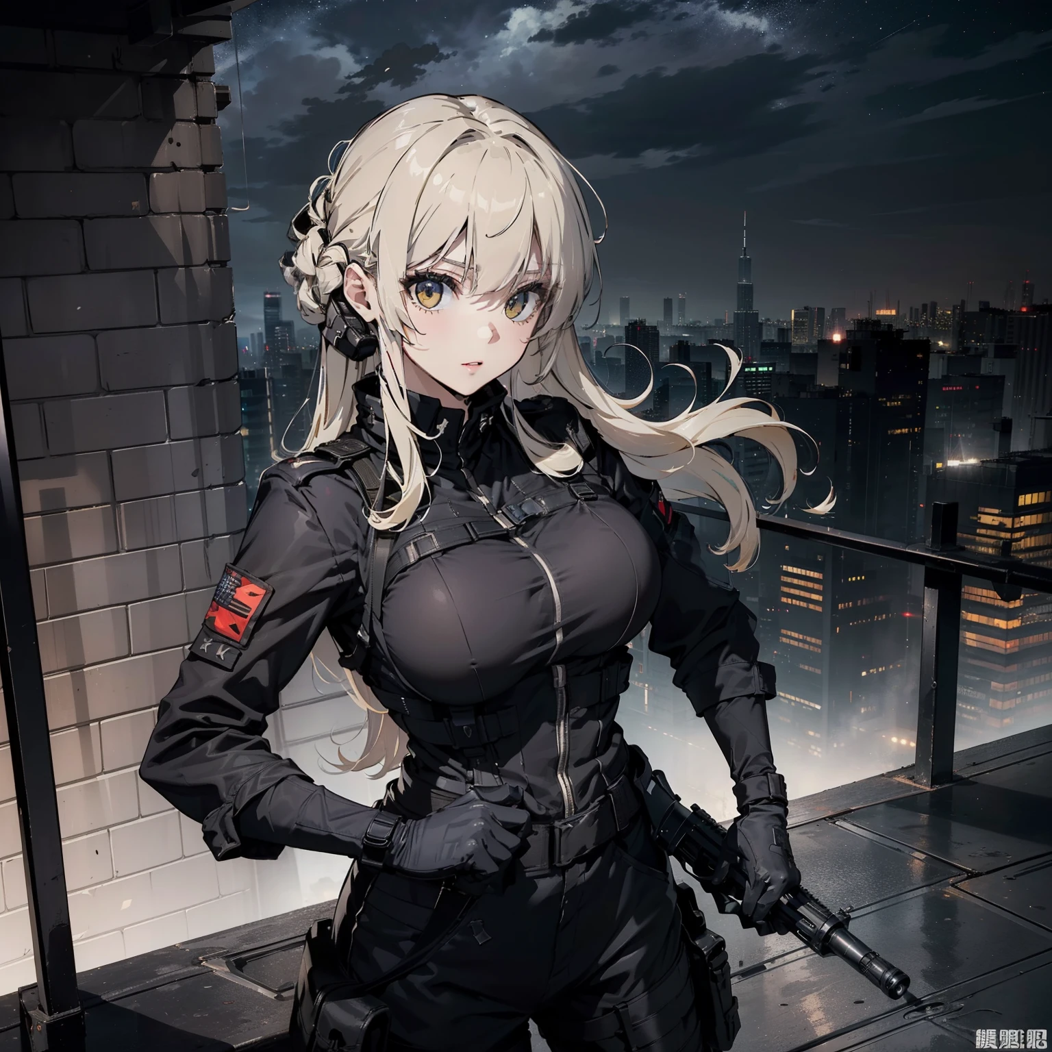 (Trained female soldiers)、((Holding weapons、holding rifle、aim:1.2、fire:1.4、guns、h&K HK416))、1 Women、thick body、(Black combat uniform)、(platinum-blonde-hair:1.2)、((超A high resolution))、Detail Write、​masterpiece、top-quality、extremely details CG、8K picture quality、Cinematographic lighting、lensflare、(Skyscraper rooftop at night:1.4)、Hyper-detailing、((Enlarge bust shots:1.4))、Detailed firearm depiction、Rifle with perfect detail、Perfect barrel that does not distort、Fighter in the sky、Military drones