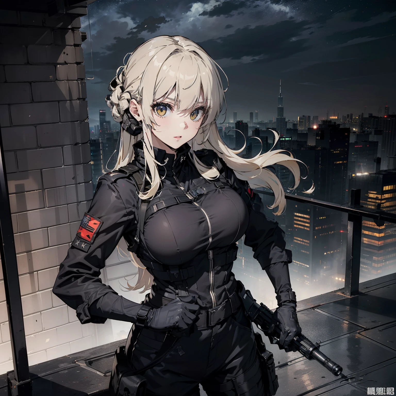 (Femmes soldats formées)、((tenir des armes、Holding rifle、but:1.2、feu:1.4、armes à feu、H&KHK416))、1 femmes、tHick body、(Uniforme de combat noir)、(platinum-blonde-Hair:1.2)、((超A HigH resolution))、Écriture détaillée、chef d&#39;oeuvre、qualité supérieure、extrêmement détails CG、Qualité d&#39;image 8K、CinematograpHic ligHting、reflet、(Skyscraper rooftop at nigHt:1.4)、hyper-détaillant、((Enlarge bust sHots:1.4))、Detailed feuarm depiction、Rifle witH perfect detail、Perfect barrel tHat does not distort、FigHter in tHe sky、Drones militaires