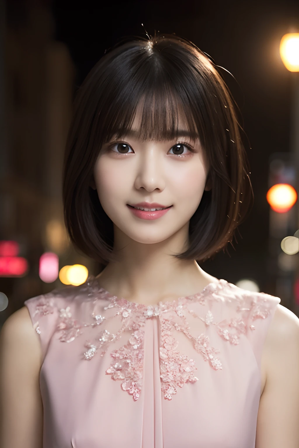 1girl in, (Wearing a pink classy dress:1.2), (Raw photo, Best Quality), (Realistic, Photorealsitic:1.4), masutepiece, Extremely delicate and beautiful, Extremely detailed, 2k wallpaper, amazing, finely detail, the Extremely Detailed CG Unity 8K Wallpapers, Ultra-detailed, hight resolution, Soft light, Beautiful detailed girl, extremely detailed eye and face, beautiful detailed nose, Beautiful detailed eyes, Short hair, 
Bangs, Elegant rounded bob, Cinematic lighting, city light at night, Perfect Anatomy, Slender body, Smiling