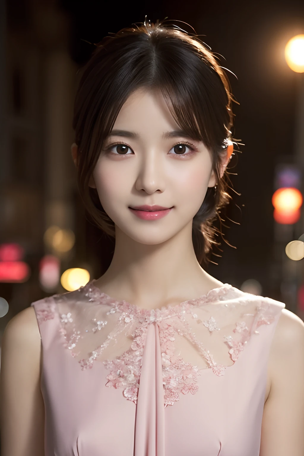1girl in, (Wearing a pink classy dress:1.2), (Raw photo, Best Quality), (Realistic, Photorealsitic:1.4), masutepiece, Extremely delicate and beautiful, Extremely detailed, 2k wallpaper, amazing, finely detail, the Extremely Detailed CG Unity 8K Wallpapers, Ultra-detailed, hight resolution, Soft light, Beautiful detailed girl, extremely detailed eye and face, beautiful detailed nose, Beautiful detailed eyes, Cinematic lighting, city light at night, Perfect Anatomy, Slender body, Smiling